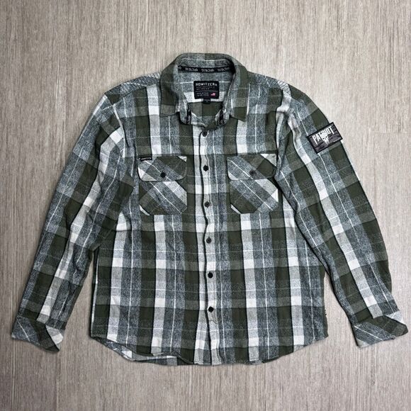 Howitzer Patriot Flannel Green Plaid Men's L Skull Stars Patch Button Up Shirt - Picture 1 of 9